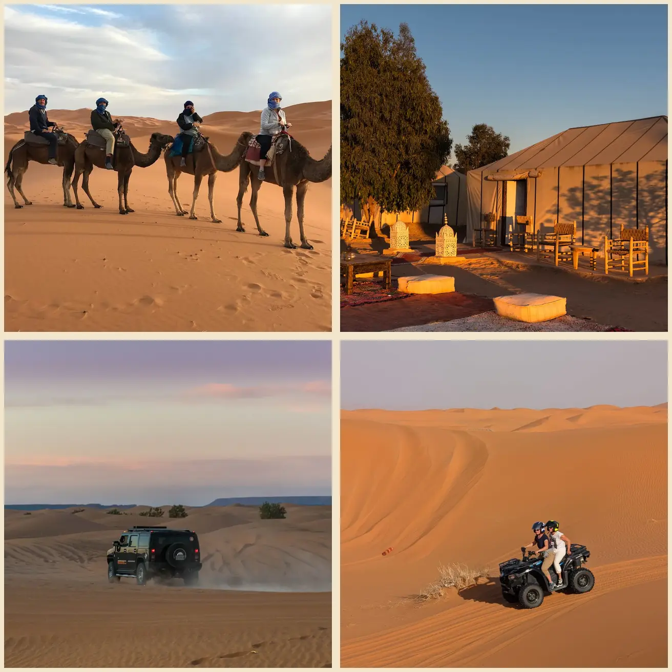Four real Merzouga activities: camel ride, private camp, sunset 4x4 and quad biking