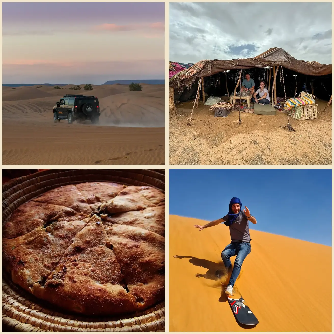 Four real Merzouga activities: 4x4 tour, nomad visit, Madfouna lunch and sandboarding